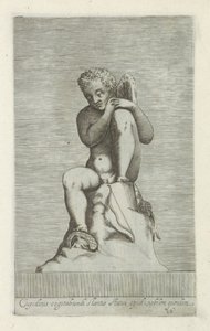 Skulptur af Amor Statue af Amor, der står eftertænksomt sammen med en vis adelsmand (titel på objekt) Antikke skulpturer i Rom (serietitel) Ikoner af de gamle statuer af byen Rom, som ses på offentlige steder (serietitel) af Anonymous