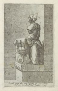 Skulptur af Pasquino En soldat fra Alexander den Store, almindeligvis kendt som Pasquinus, der holder Phocius (...) (titel på objektet) Antikke skulpturer i Rom (serietitel) Ikoner af de gamle statuer af byen Rom, som ses på offentlige steder (serietitel) af Anonymous