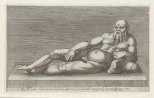 Skulptur af Silenus En bronzestatue af Aeneas Silenus liggende på et gammelt kar til låg (titel på objekt) Antikke skulpturer i Rom (serietitel) Ikoner af de gamle statuer af byen Rom, som ses på offentlige steder (serietitel) af Anonymous