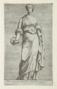 Sculptuur van Thaleia, muze van de komedie Muse, der repræsenterer komedie i Capitol (titel på objekt) Antikke skulpturer i Rom (serietitel) Ikoner af de gamle statuer af byen Rom, som ses på offentlige steder (serietitel) af Anonymous