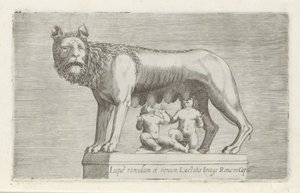 Sculptuur van de Lupa Capitolina die de tweeling Romulus en Remus zoogt Romulus og Remus ammer ulvebilledet af Rom i Capito (titel på objekt) Antikke skulpturer i Rom (serietitel) Af de gamle statuer af byen Rom, som er at se på offentlige steder ic af Anonymous