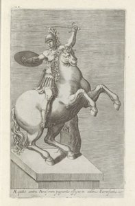 Skulptur af en Romeinse soldaat te paard Equites mod Amos (...) (titel på objekt) Antikke skulpturer i Rom (serietitel) Ikoner af de gamle statuer af byen Rom, som ses på offentlige steder (serietitel) af Anonymous