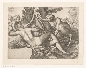 Sovende Venus spioneret af en satyr af Anonymous