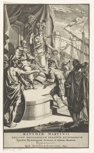 Soldat overrækker bog til kongen Titelside for: Matthias Martinius, Lexicon philologicum praecipuae etymologicum, 1697 af Anonymous