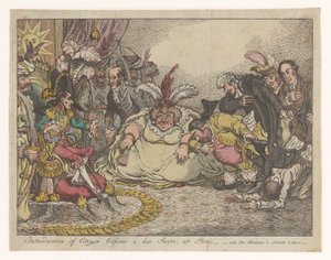 Spotprent mødte Napoleon en Fox, 1802 Introduktion af Citizen Volpone & his Suite, i Paris - vide, The Moniteu & Cobbett
