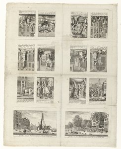 Tegnefilm om mode og to udsigter over Amsterdam under oversvømmelserne i 1775 af Anonymous