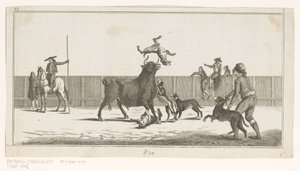 Tyr angrebet af hunde Coleccion de las principales suertes de una corrida de toros (serietitel på objekt) Samling af de vigtigste tyrefægtningsmanøvrer (serietitel) af Anonymous