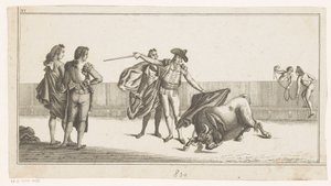 Tyr stukket af en matador Coleccion de las principales suertes de una corrida de toros (serietitel på objekt) Samling af de vigtigste tyrefægtningsmanøvrer (serietitel) af Anonymous