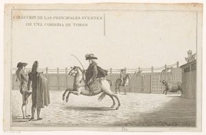 Tyrefægtere i en arena Coleccion de las principales suertes de una corrida de toros (serietitel på objekt) Samling af de vigtigste tyrefægtningsmanøvrer (serietitel) af Anonymous