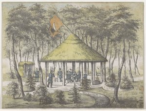 Tempel og have ved Boekel, 1831 Udsigt over tempel og have ved Boekel. Opført og bygget af vagtmilitsen i byen Groningen. Som en anerkendelse af den venlige velkomst den 23. juni 1831 til selskabets medlemmer som et minde af Anonymous