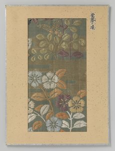 Tekstilfragment, broderi af blomster og skyer i kirikane guldtråd af Anonymous