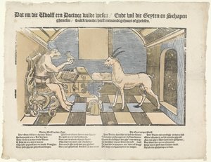 Ulven og geden Ulven og geden At nu den wholff ville være læge / Ende vil have den geyten og får / ghenesen / Sulck undren ingen har hørt eller ghelesen (titel på objekt) af Anonymous