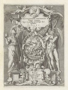 Titelprent mødte Rom, Minerva og Saturnus Antikke skulpturer i Rom (serietitel) Ikoner af de gamle statuer af byen Rom, som ses på offentlige steder (serietitel på objektet) af Anonymous