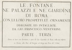 Titeltryk med indrammet titel Le fontane ne palazzi e ne giardini di Roma (serietitel) Springvand i Roms paladser og haver (serietitel) af Anonymous