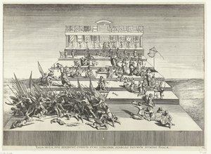 Toneelvoorstelling over oorlog en vrede; intocht van Ferdinand te Gent i 1635 (nr. 42) Sådanne århundreder, sagde de til deres egne, løb, med spindler i harmoni, stabile, skånet af skæbnens gud (titel på objekt) Genethliacon Theatre of Charles V af Anonymous