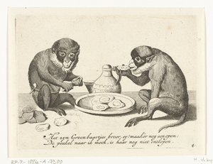 To aber spiser østers Forskellige virksomheder i menneskelivet præsenteret af aber (serietitel) Hvad er det, der ser mig i denne verden? / Det er Aape-spil, og ikke andet (serietitel) af Anonymous