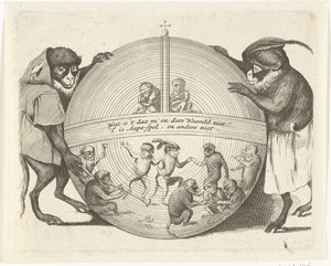 To aber holder en globus Forskellige virksomheder af menneskeliv præsenteret af aber (serietitel) Hvad er det, der ser mig i denne verden? / Det er Aape-spil, og ikke andet (serietitel på objekt) af Anonymous