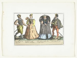 To mænd og to kvinder klædte sig efter mode i Holland, ca. 1580 Kostumer civils des Pays-Bas (titel på objekt) af Anonymous