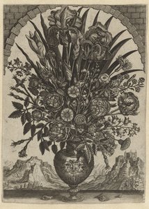 Vase med blomster i et buet vindue af Anonymous