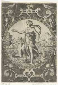 Venus og Amor Medaljoner med figurer fra Paris-dommen i en ramme af beslag med guirlander (serietitel) af Anonymous