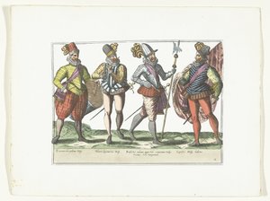 Fire spanske soldater i uniform, ca. 1580 Kostumer militære Espagnols (titel på objekt) af Anonymous