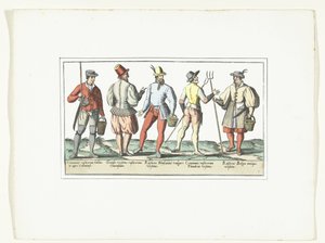 Fire bønder klædt i den nuværende mode og en i den gamle mode, ca. 1580 Modes Rustiques (titel på objekt) af Anonymous