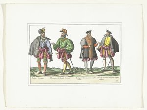 Fire mænd klædt i tysk mode, ca. 1580 Kostumer Allemands (titel på objekt) af Anonymous