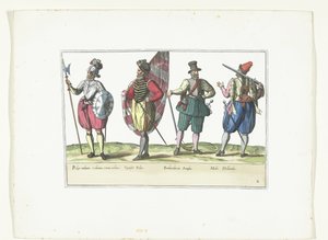 Fire soldater i uniformer efter mode i Holland og England, ca. 1580 Militærkostumer des Pays-Bas (titel på objekt) af Anonymous