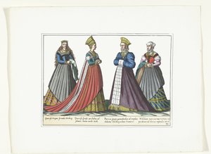 Fire kvinder klædt i tysk mode i Nürnberg, ca. 1580 Kostumer Allemands (titel på objekt) af Anonymous