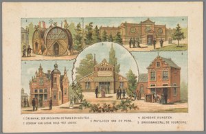 Fem pavilloner på verdensudstillingen i Amsterdam, 1883 1 Drikkehal på De Haan & De Sleutels bryggeriet. 2 Lucas Bols