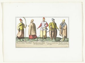 Fem sømænd klædt i mode fra Holland og Bretagne, ca. 1580 Kostumer marins (titel på objekt) af Anonymous