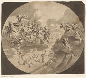 Flyvende putti med blomsterkranse af Anonymous