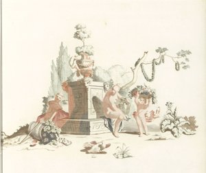 Kvinde og en dreng med en blomsterkurv over hovedet ved foden af ​​et monument af Anonymous