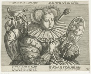 Kvinde med spejl og nar: tegneserie på den dyrebare stive ryg, ca. 1600 af Anonymous