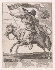 Kvinde på en hest, dekoreret med fisk og et fiskenet som et banner med karneval af Anonymous
