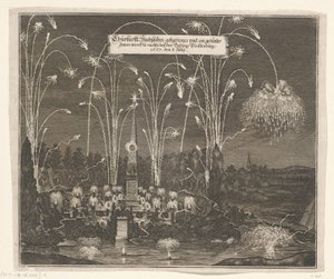 Fyrværkeri ved Pleißenburg, 8. juli 1667 Churfürstl: Sachsisches gehaltenes und an gezentes Færre werck zu nachts beij fæstningen Pleissenburg, 1667, den 8. juli (titel på objektet) af Anonymous
