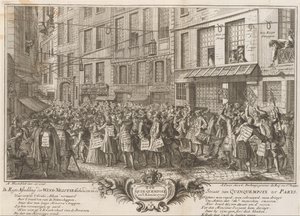 Vindhandel i Rue Quinquempoix, 1720 De Regte Billede af Wind Negotie holdt i Quinquempoix-strædet til Parys (titel på objektet) The Great Scene of Folly (serietitel) af Anonymous