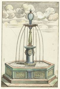 Sekskantet bassin med kort søjle Architectura Curiosa Nova (serietitel) af Anonymous