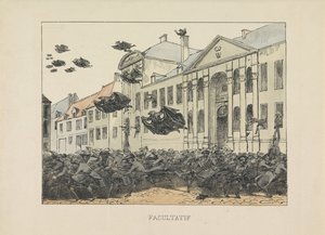 Sorte ravne flygter fra Collegium Philosophicum, 1829 Valgfrit (titel på objekt) af Anonymous