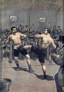 Et bokseangreb: den franske mester Joseph Charlemonts (1839-1918) sejr mod Jerry Driscoll med teknikken "savate""" i Le Petit Journal 1899