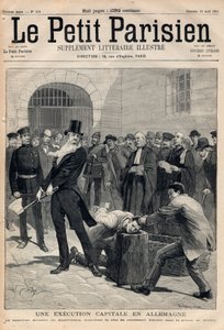 En kapitalhenrettelse i Tyskland. Bøddelen Friedrich Reindel (1824-1908) af Magdeburg, skærer hovedet af den dømte Klausin i Berlins fængsel. Indgravering i "" Le petit Parisien"" af 19-04-1891. Privat samling. af Anonymous Anonymous