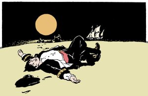 En kaptajn dræbt af pirater bliver forladt på en ø, piratskibet bevæger sig væk i horisonten Illustration fra "The Boys Books of Pirates"" 1913 af Anonymous Anonymous