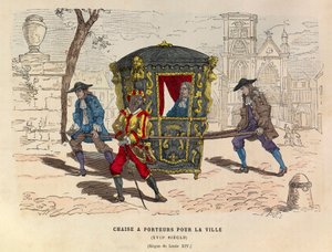 En stol med bærere til byen under kong Louis XIV i det 17. århundrede - Sedan stol til brug i byen, regeringstid af kongen Louis XIV af Frankrig 17. århundrede - privat samling af Anonymous Anonymous