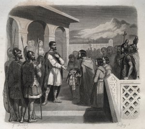 En deputation fra byen Clermont tilbyder bispeembedet til Saint Sidoine Apollinar (Caius Sollius Apollinaris Sidonius) politiker, eveque og gallo-romersk forfatter (430-486). Indgravering fra 1846 i ""De helliges liv"". Privat samling. af Anonymous Anonymous