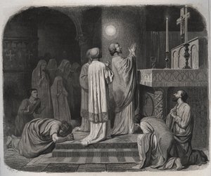 En globus af ild dukker op over SAINT MARTIN eveque de Tours (316-397), mens han arbejder. Indgravering fra 1846 i ""De helliges liv"". Privat samling. af Anonymous Anonymous