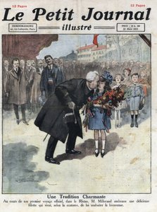 En lille pige tilbyder en buket i trefarvede farver til republikkens præsident Alexandre Millerand under en af hendes fordrivelser i Rhone. Illustration taget fra "" Le petit journal"" fra 27/03/1921. Privat samling af Anonymous Anonymous