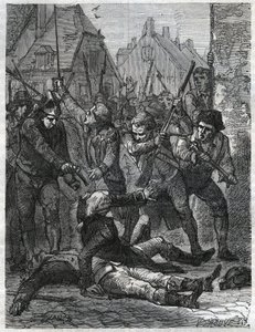 En scene i perioden med den franske revolution: Theobald de Dillon (1745-1792) og en åndsofficer ved navn Berthois, blev massakreret af soldaterne og folket i Lille, som anklagede dem for forræderi. Stik fra 1866 i “Histoire de la Revolution fr af Anonymous Anonymous
