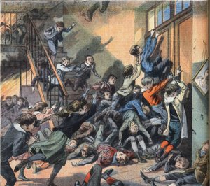 En skole brændte i Cleveland (USA). Gravering fra avisen "" Le Petite Parisien"", 22/03/1908. Privat samling. af Anonymous Anonymous