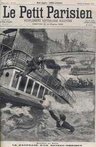 Ulykke i Seinen i Paris - Forliset af en Omnibus-båd: Besætningen på båden hopper ind i Seinen for at flygte. Le Petit Parisien, den 18/12/1898. af Anonymous Anonymous