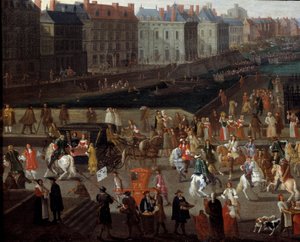 Aktiviteter og passage på Pont Neuf i Paris Anonymt maleri fra det 17. århundrede. Paris, Musee d